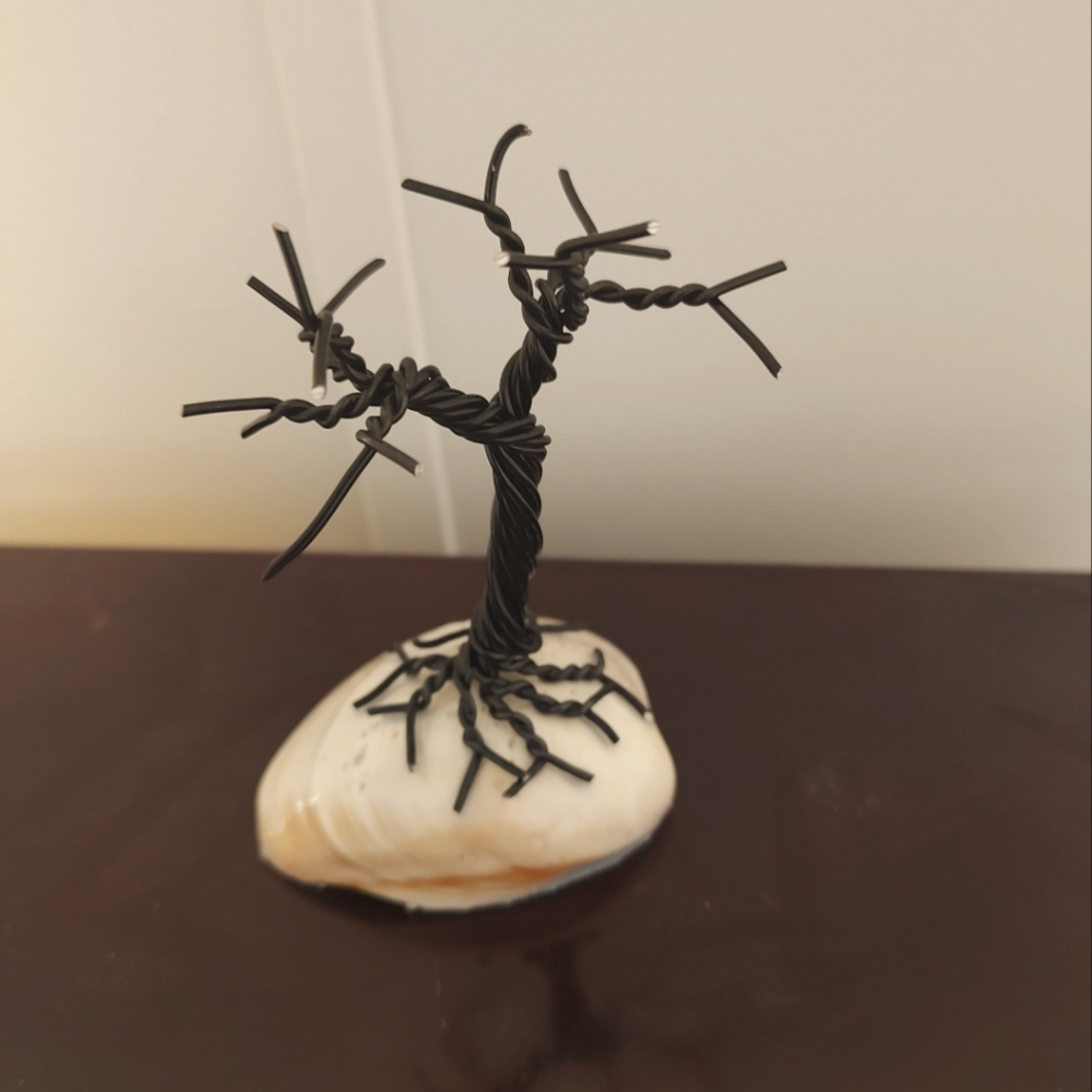 Wire bonsai tree on seashell hand made and epoxy over shell 1 of a kind
